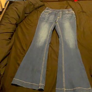 High rise elastic waist flare jeans